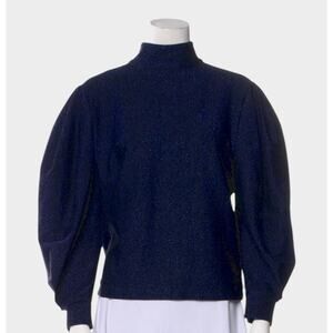 PatBo Metallic, Glitter, Sparkle Mock Neck Blue Long Puff Sleeve Blouse Medium